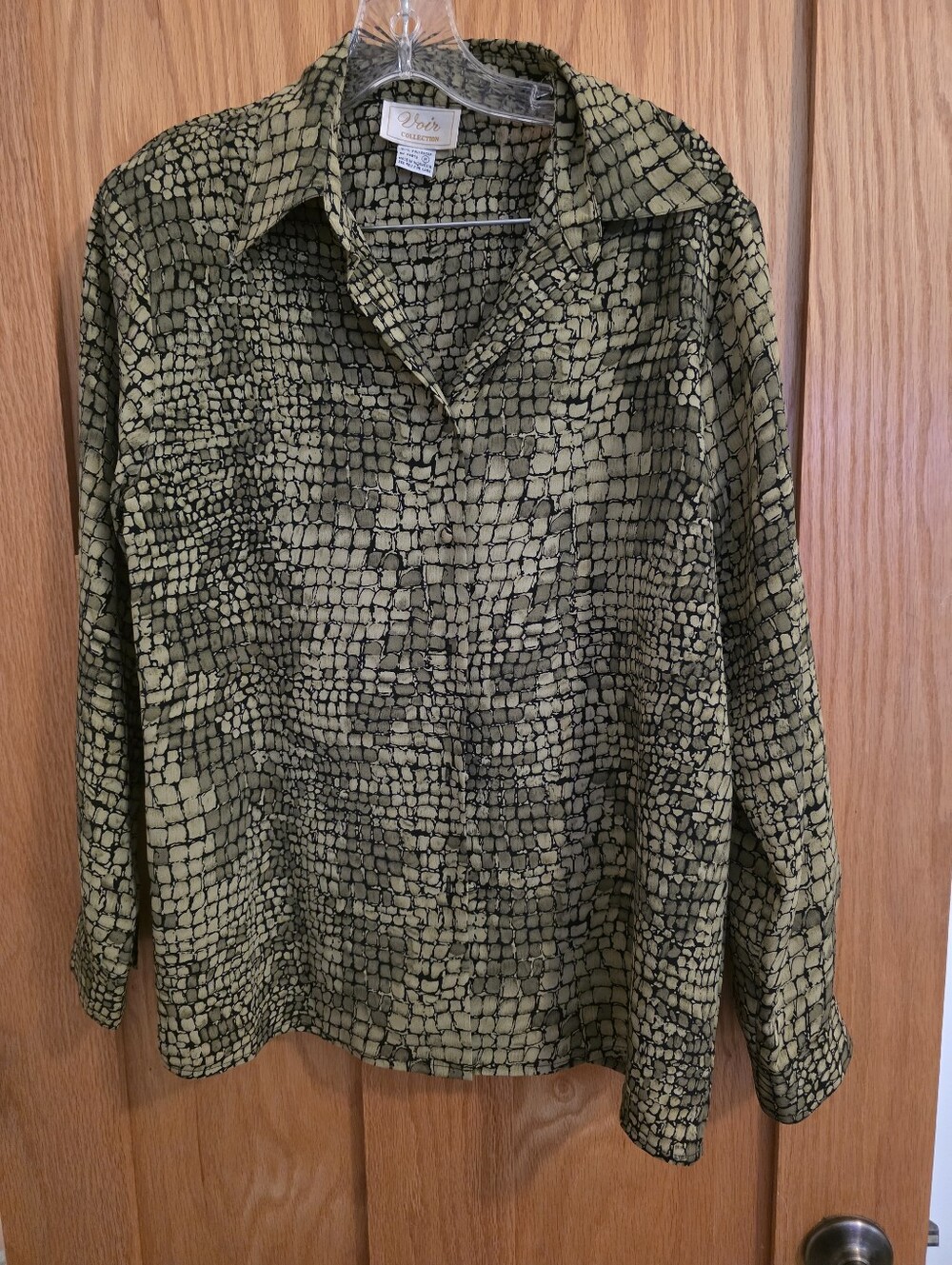 Vintage Voir Collection Olive Green Reptile Alligator Print Silky Blouse Top - M